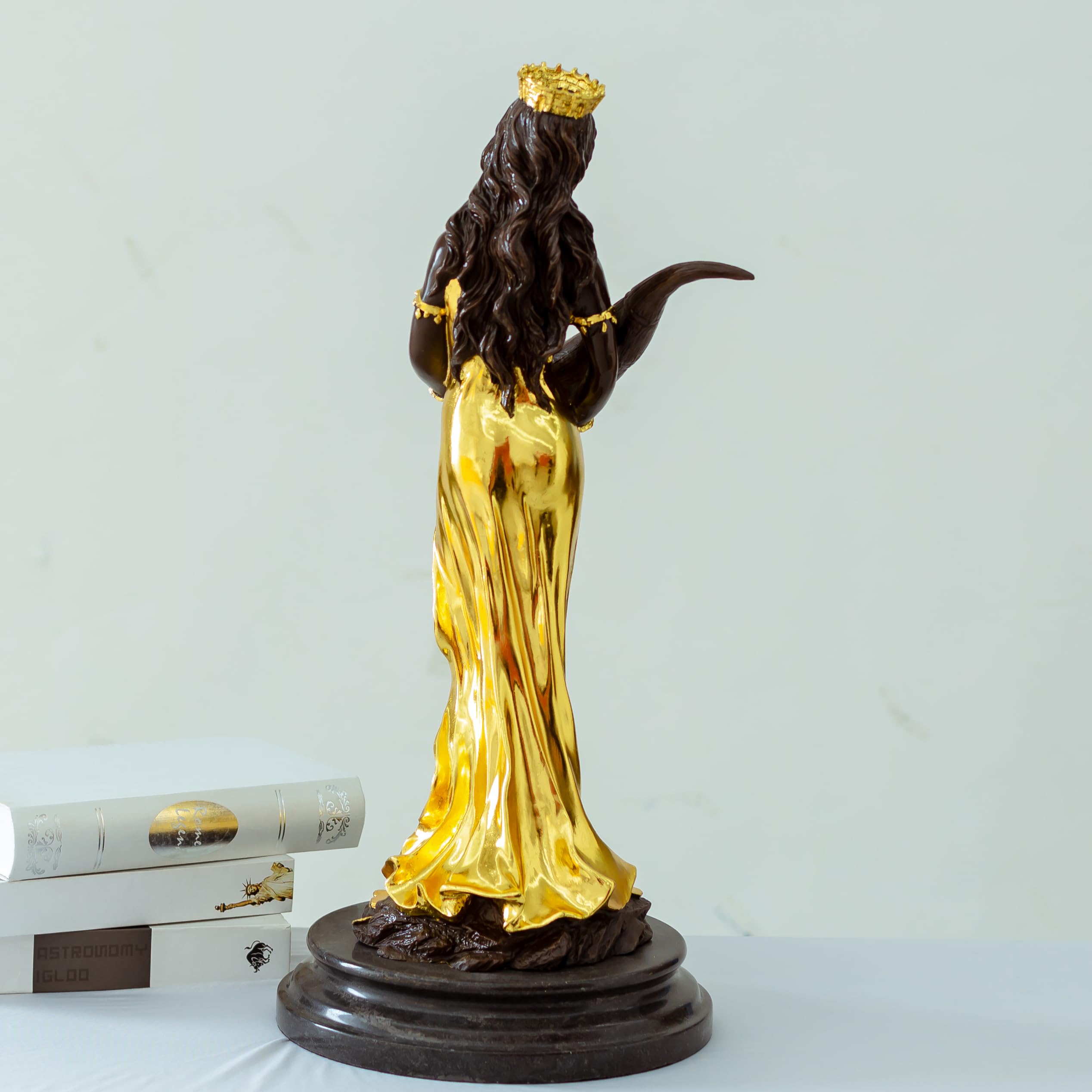 Bronze Fortuna goddess wealth statue 24K gold finish size chart side view dimensions