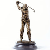 Bronze golfer statue address pose front view marble base