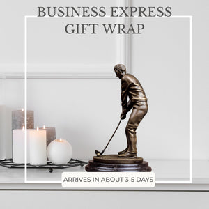 Bronze golfer statue business express gift wrap packaging beside candles display