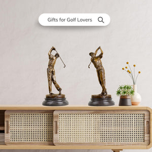 Bronze golfer statue business express gift wrap sideboard interior display