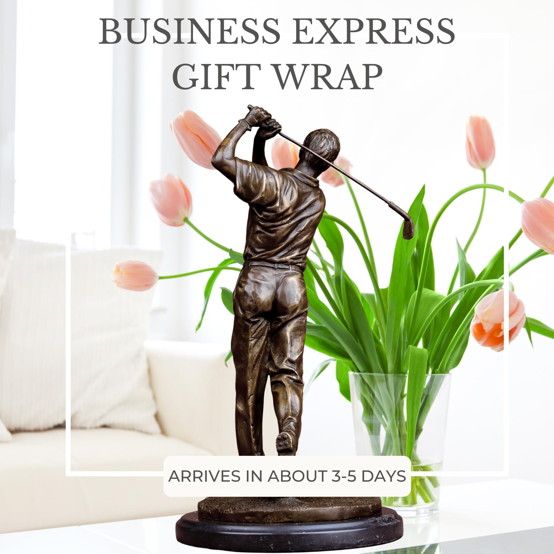 Bronze golfer statue business express gift wrap beside tulips flowers display