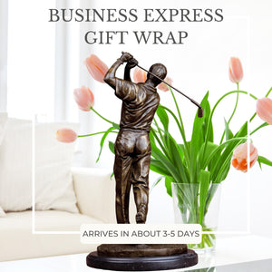 Bronze golfer statue business express gift wrap beside tulips flowers display