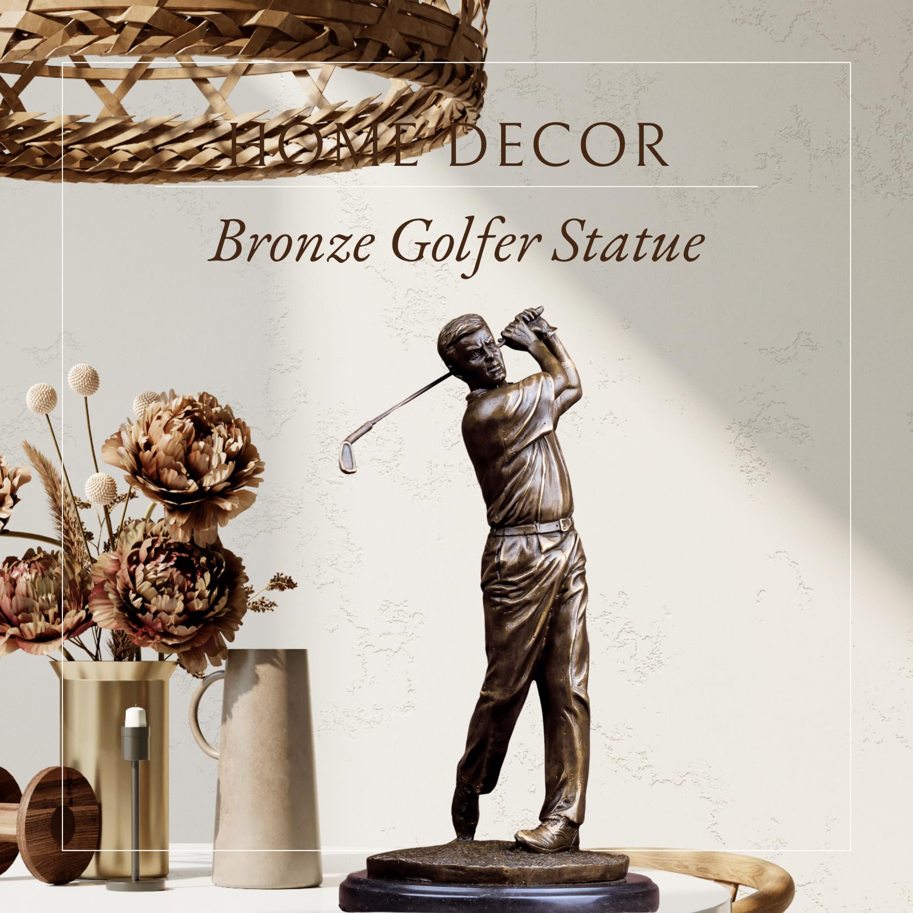 Bronze golfer statue decor display beside flowers vase side table interior