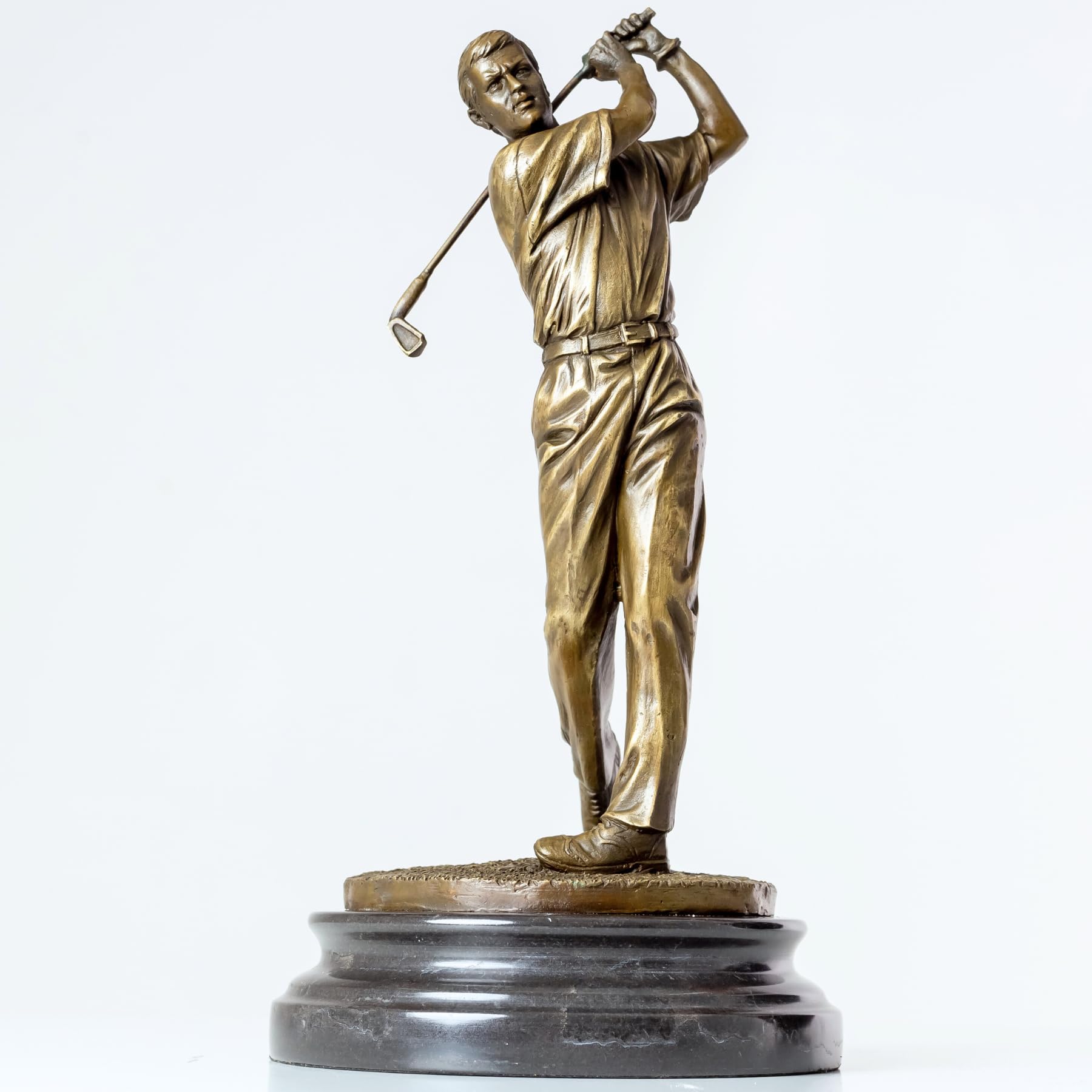 Bronze female golfer statue swing pose front view marble base