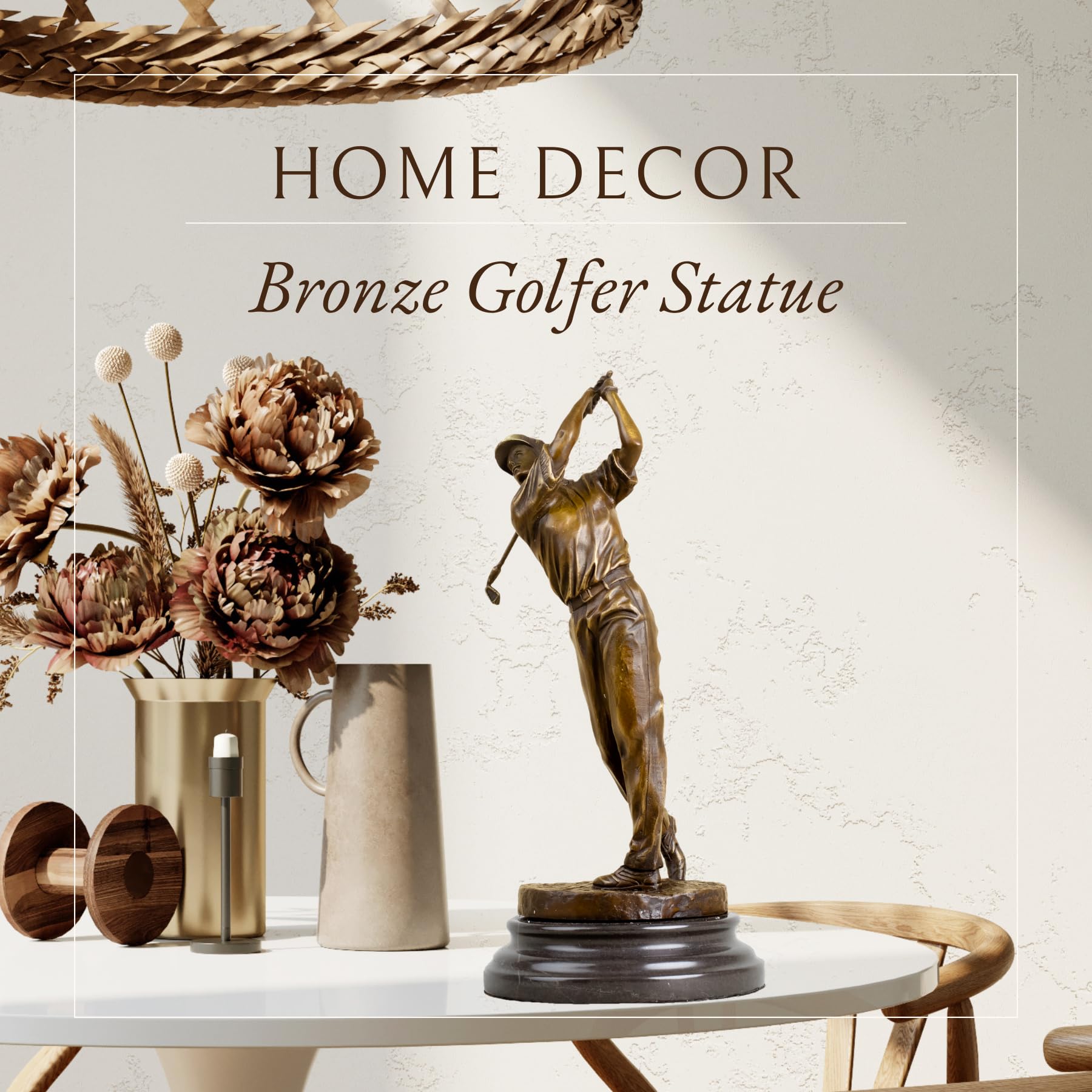 Bronze female golfer statue home decor beside dried flowers vase display