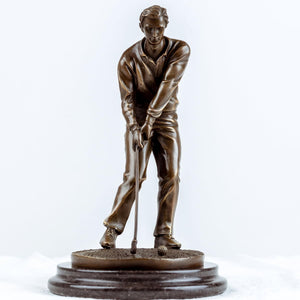 Bronze golfer statue putting pose marble base full view white background