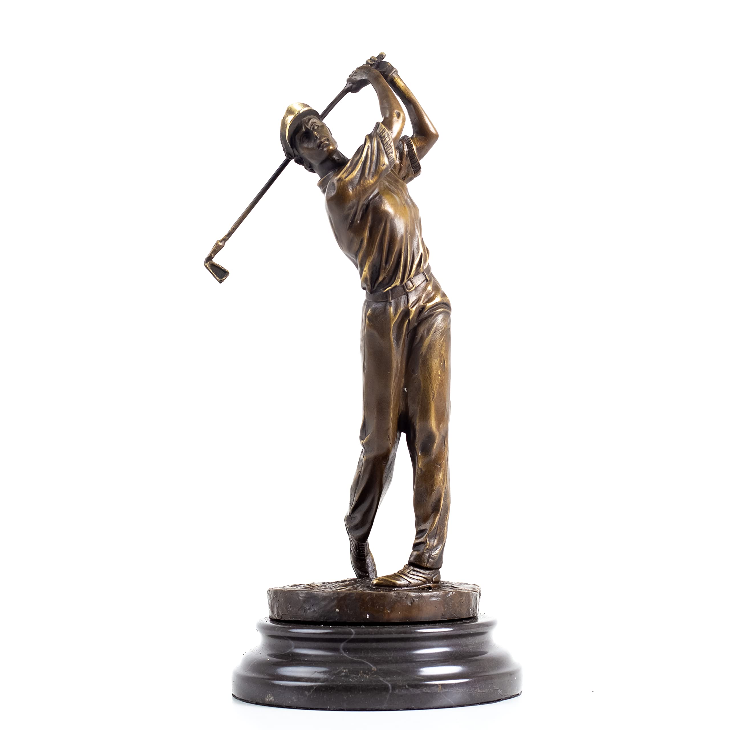 Bronze golfer statue backswing pose front view marble base