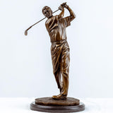 Bronze golfer statue swing follow through pose front view marble base