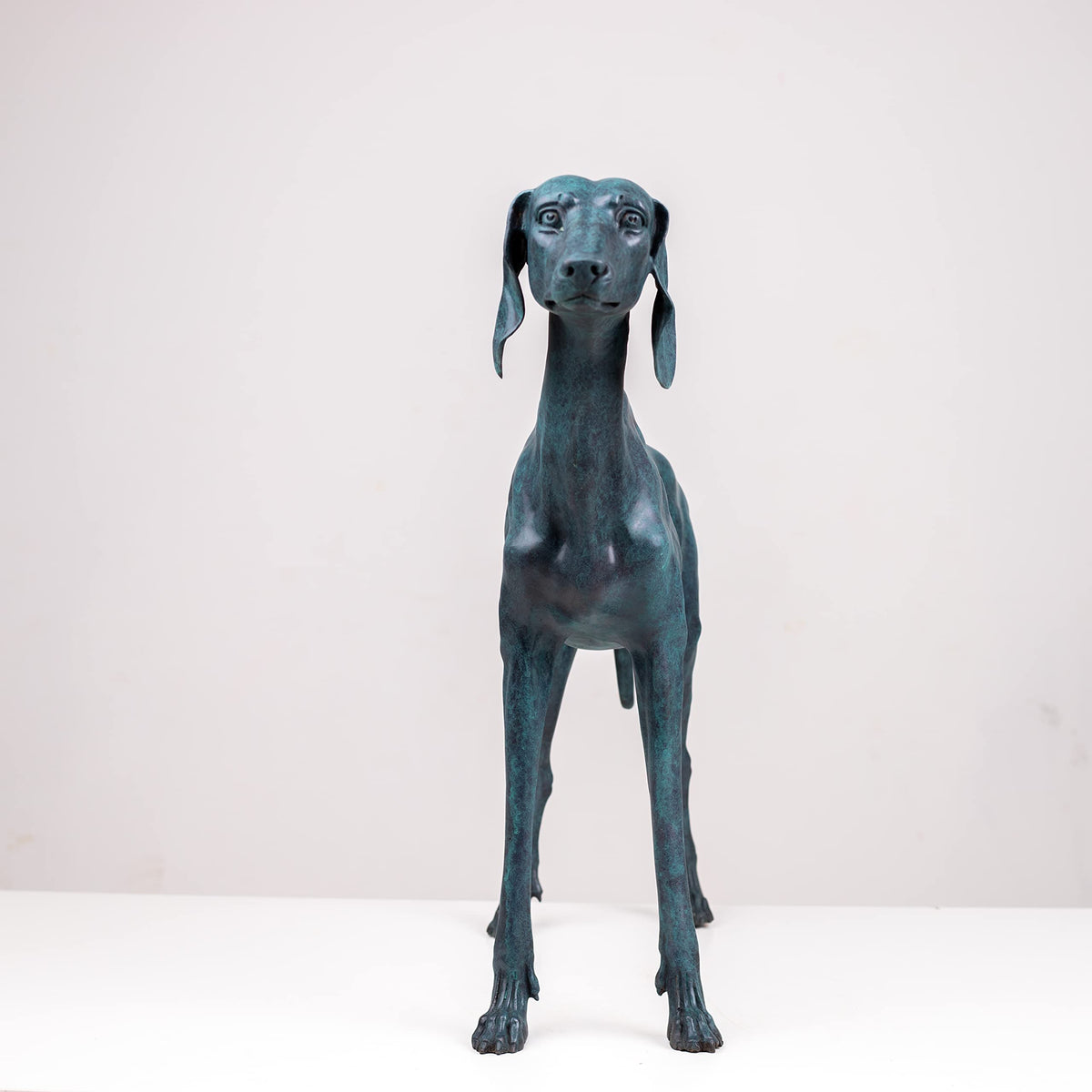 Premium Solid Bronze Greyhound Statue - 28" Handcrafted Lost-Wax Casting - Vigilant Life-like Greyhound Sculpture - Deep Turquoise Blue Patina - Heavyweight 26lbs Pure Bronze Art - Luxury Modern Home Office Centerpiece - Bronze - View Detail 3