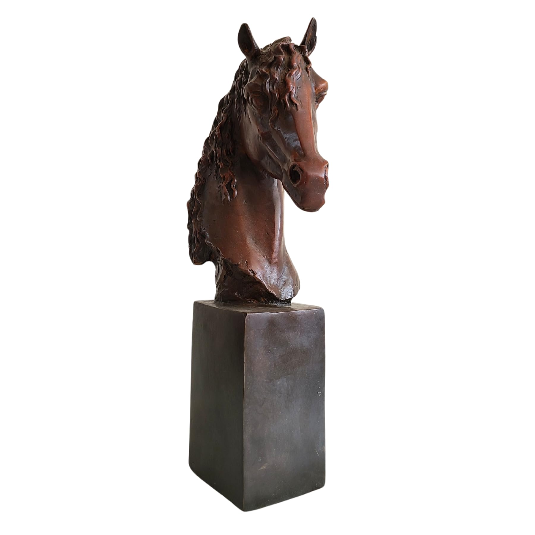9.6-inch bronze horse head bust sculpture curly mane style on square marble base, front view