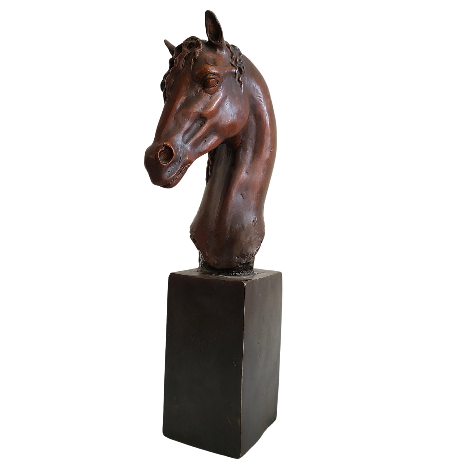 Bronze horse head bust curly mane style front three-quarter angle view on white background