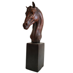 Bronze horse head bust curly mane style front three-quarter angle view on white background