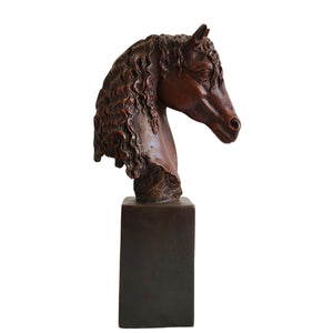 Bronze horse head bust curly mane style left side view showing detailed sculpted hair texture