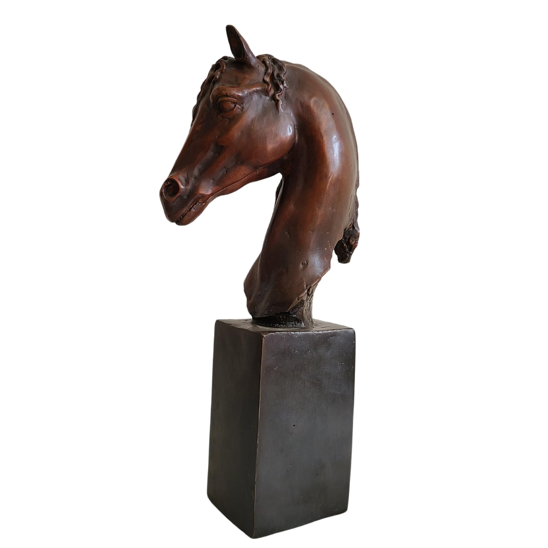 Bronze horse head bust sculpture curly mane style left side view on square marble base
