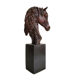 Bronze horse head bust curly mane style right side view on black square pedestal