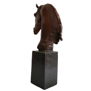 Bronze horse head bust sculpture curly mane style right side view on square marble base