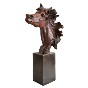 Bronze horse head bust in wild flowing mane style front view on black pedestal base