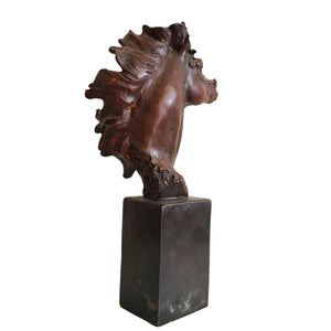 Bronze horse head bust sculpture wild mane style left side view showing flowing mane detail