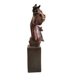 Bronze horse head bust sculpture wild mane style right side view on square marble base