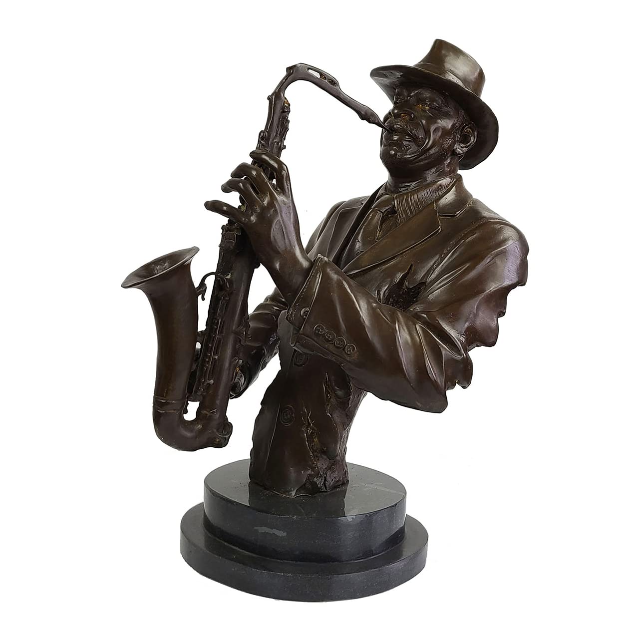 Bronze jazz musician bust sculpture of saxophonist with hat, marble base front view
