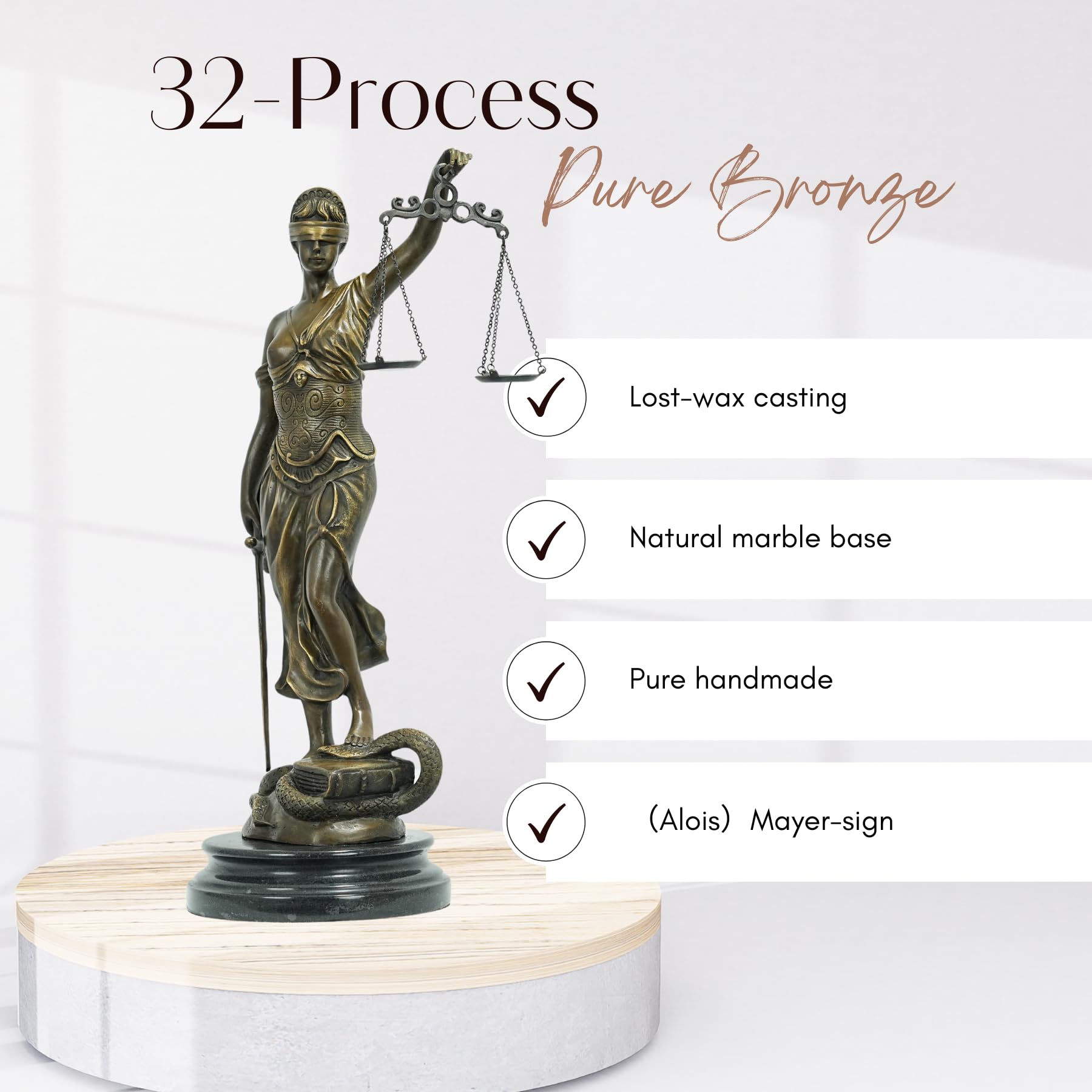 Bronze Lady Justice statue showcasing 32-step pure bronze lost-wax casting craftsmanship process