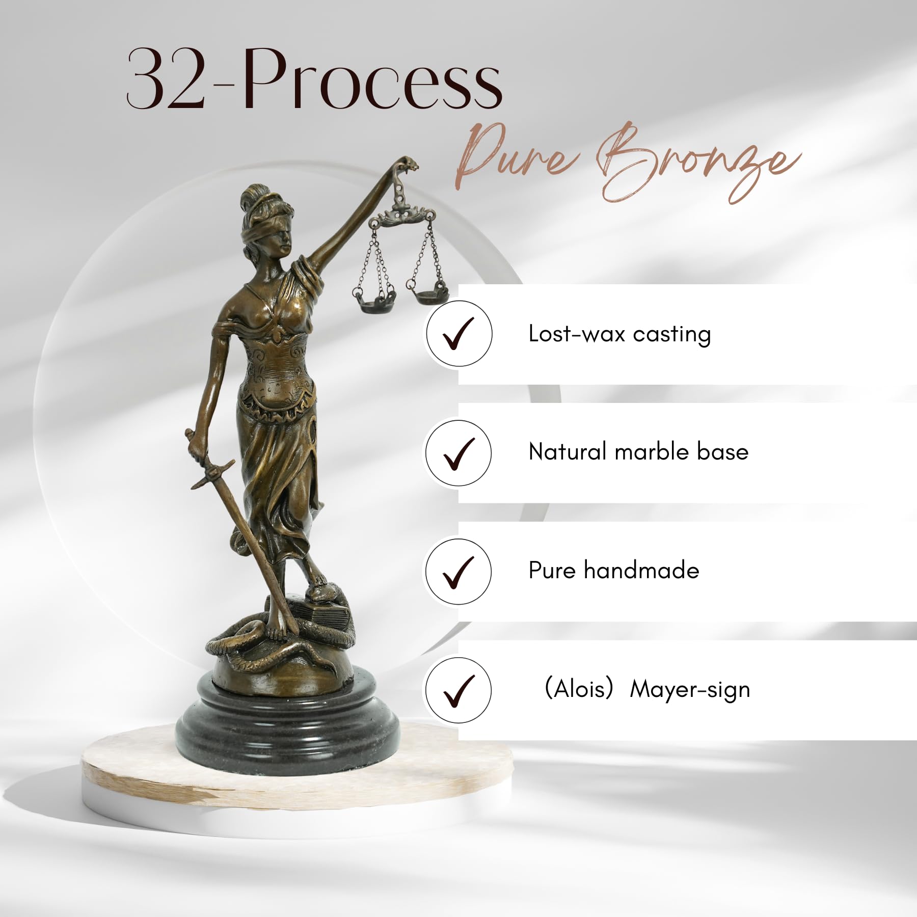 Second view of bronze Lady Justice statue highlighting 32-step pure bronze casting quality process