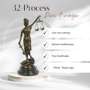 Second view of bronze Lady Justice statue highlighting 32-step pure bronze casting quality process