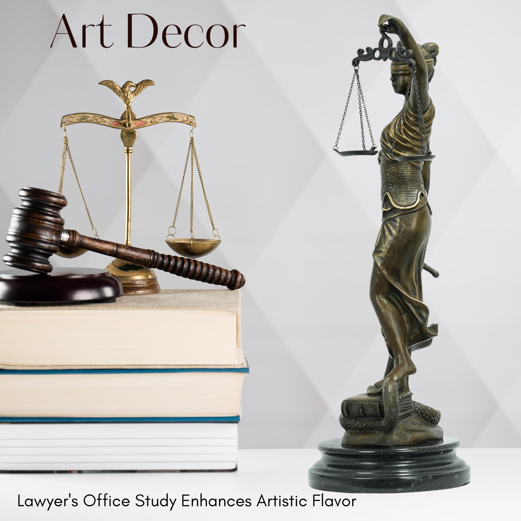 Bronze Lady Justice statue on stacked law books with gavel as art decor in law office display