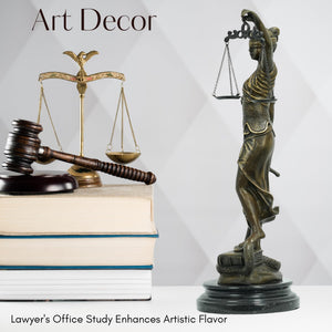Bronze Lady Justice statue on stacked law books with gavel as art decor in law office display