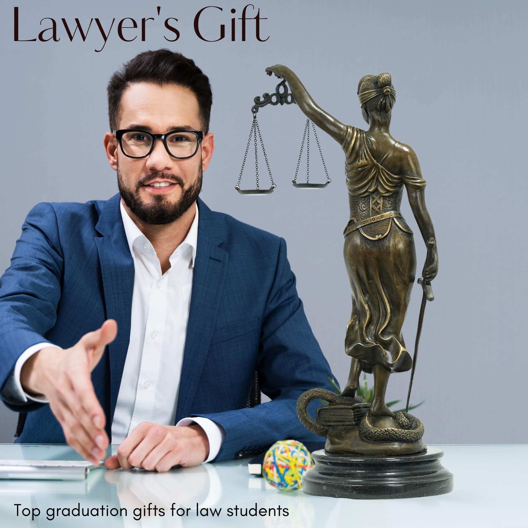Bronze Lady Justice Themis statue presented as lawyer gift by male attorney in office setting