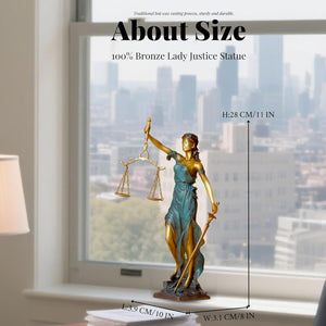 Bronze Lady Justice Themis statue about size reference with highrise city background showing 11 inch height