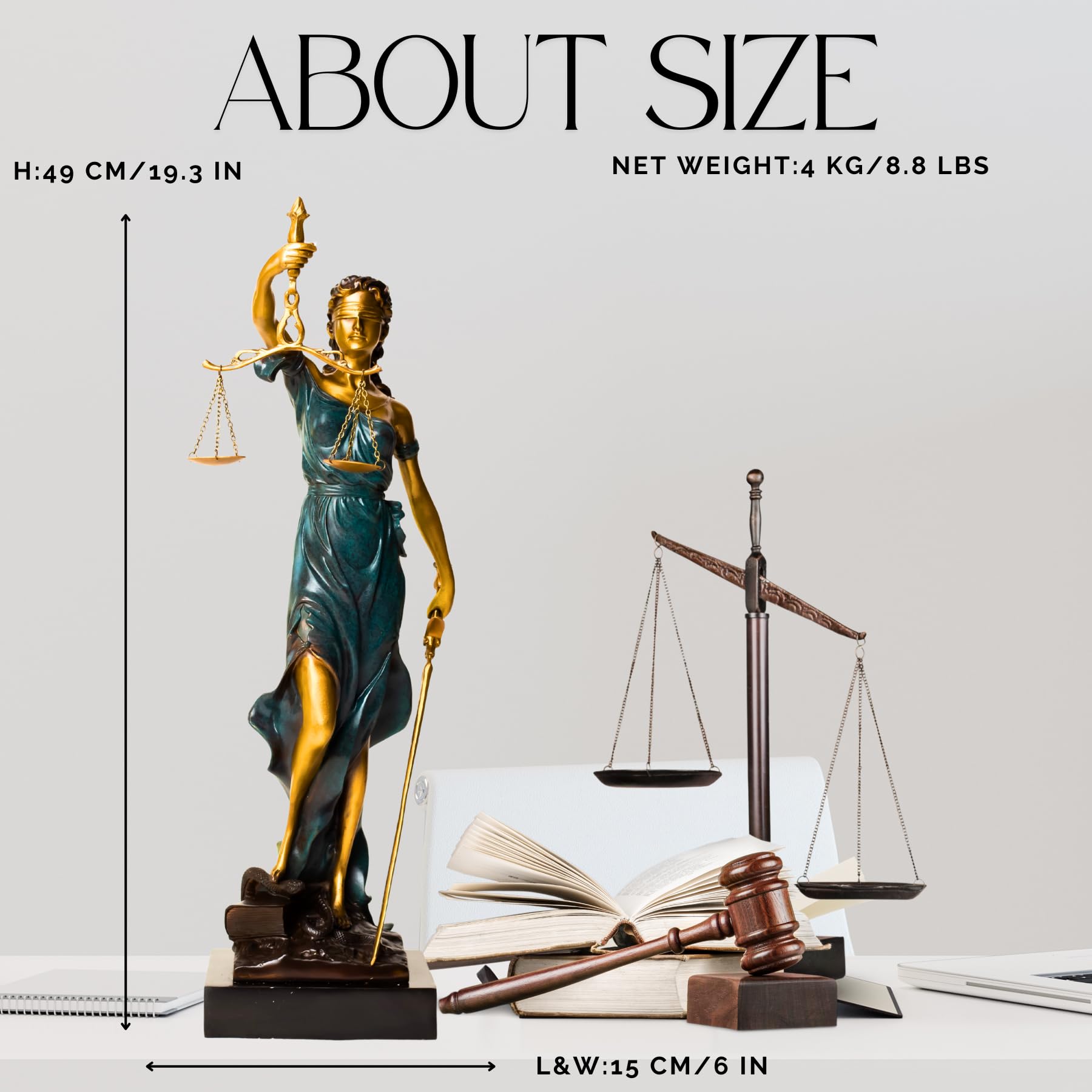 Second size reference of bronze Lady Justice Themis statue showing 19.3 x 6.5 inch measurements