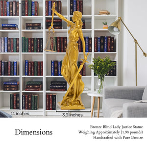 Bronze Lady Justice Themis statue on bookshelf with dimension reference labels in library setting