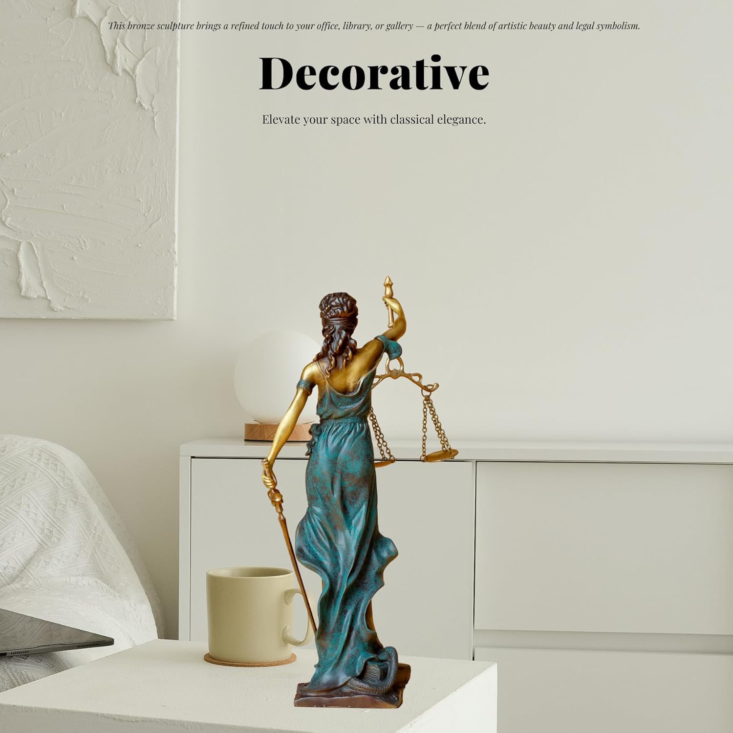 Bronze Lady Justice Themis statue as decorative art piece in modern indoor lifestyle setting