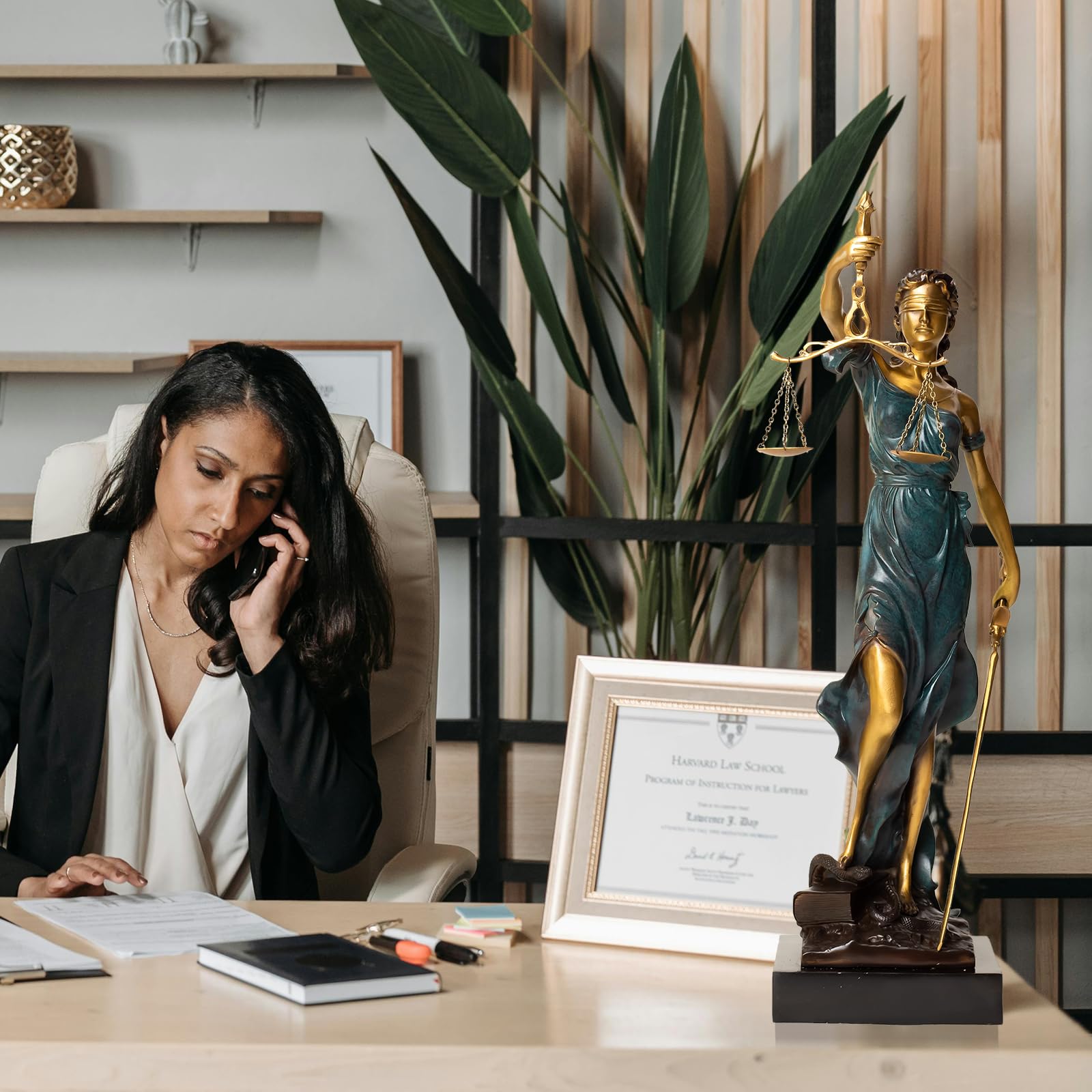 Bronze Lady Justice Themis statue in female attorney office with legal bookshelf background display