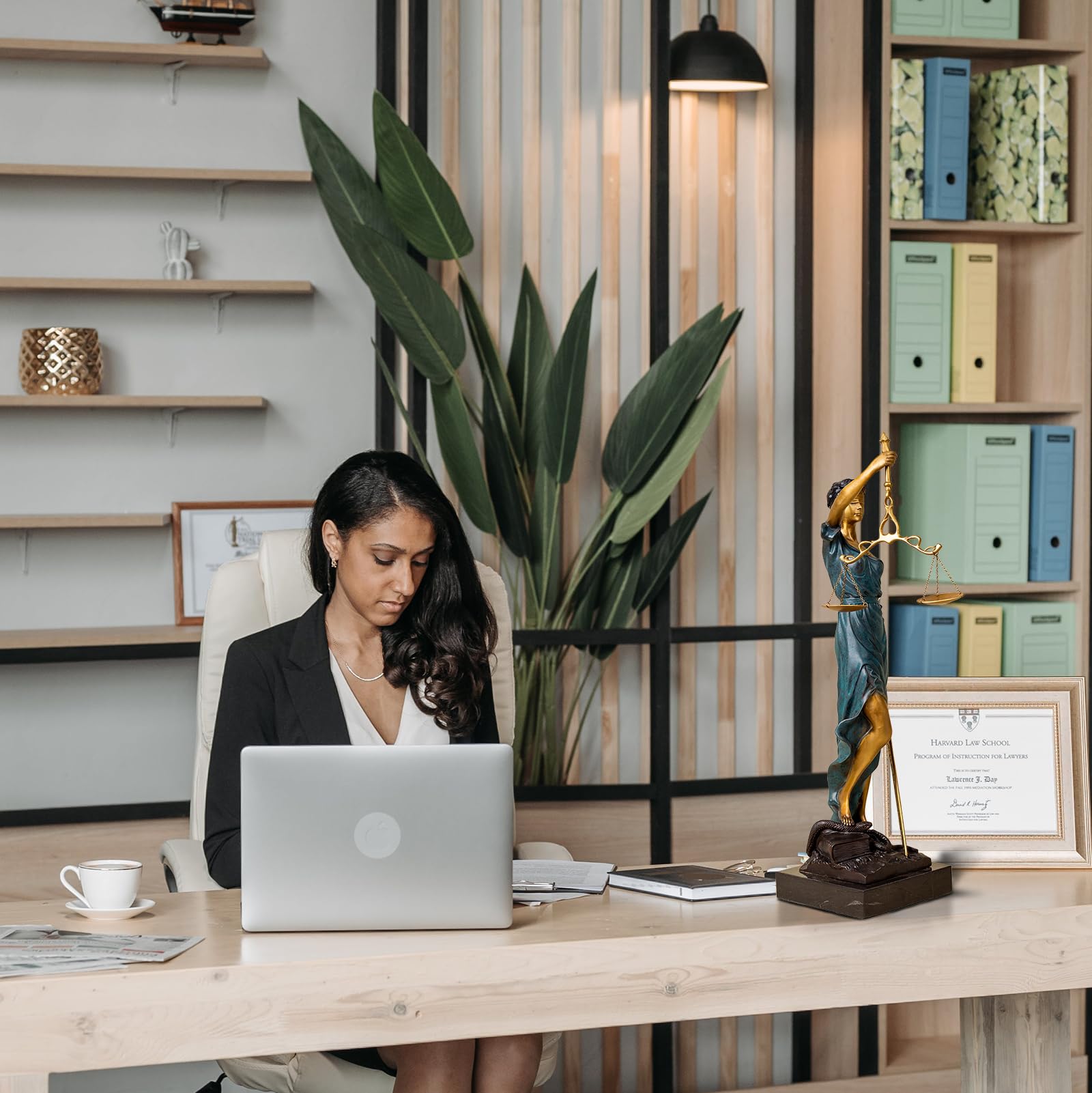 Bronze Lady Justice Themis statue in bright white law office with female lawyer lifestyle setting