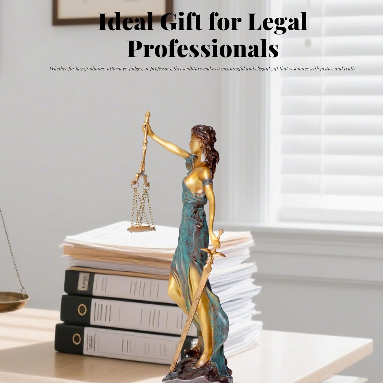 Bronze Lady Justice Themis statue as ideal gift for legal professionals displayed with law bookshelf