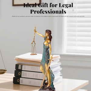 Bronze Lady Justice Themis statue as ideal gift for legal professionals displayed with law bookshelf