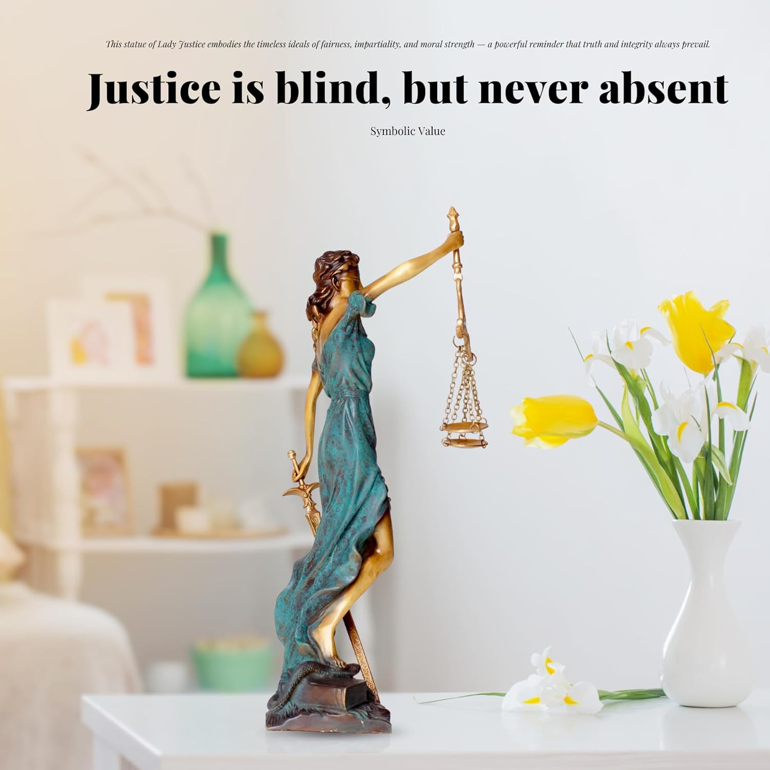 Bronze Lady Justice Themis statue with justice is blind but never absent quote in office display