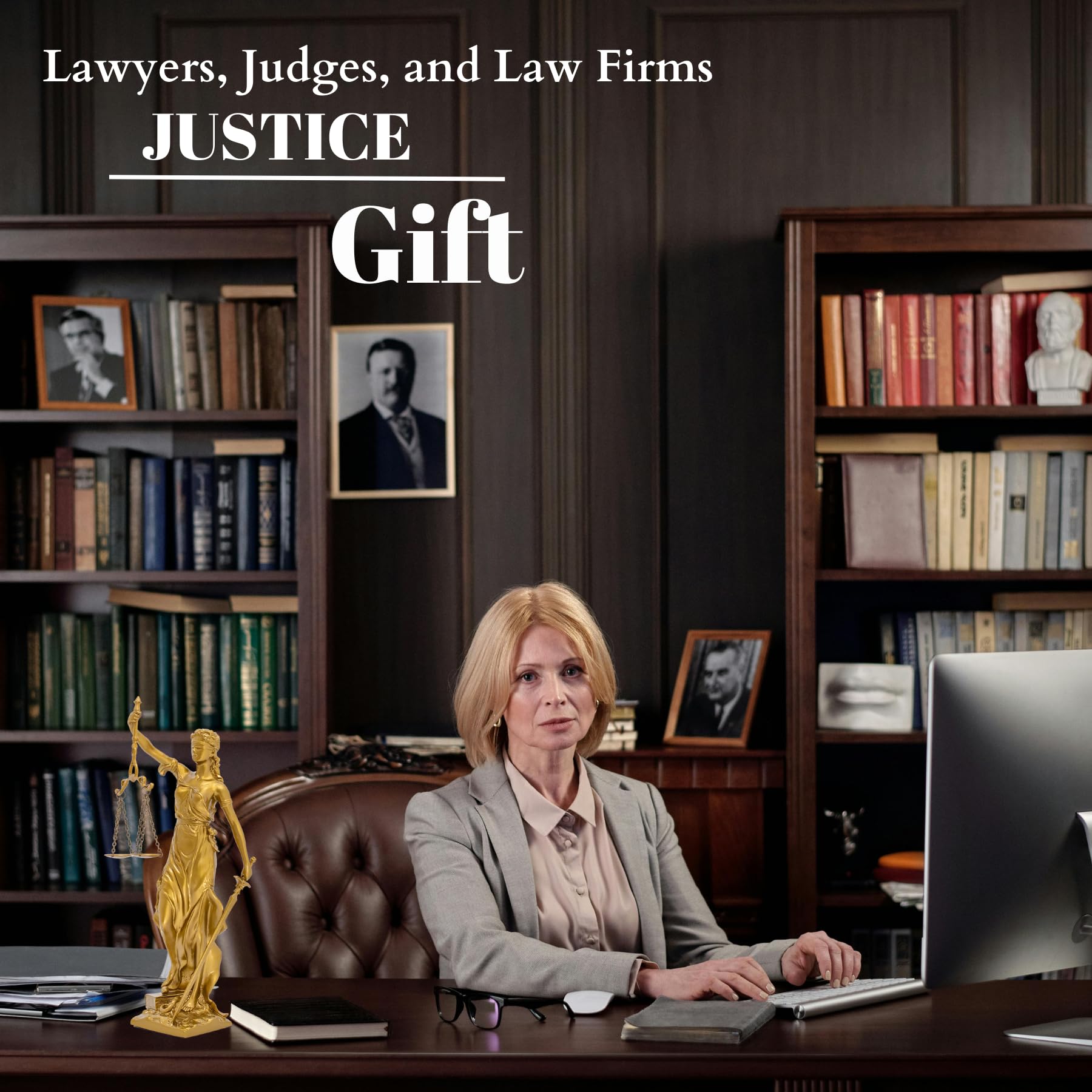 Bronze Lady Justice Themis statue in law firm office with law books and gavel display
