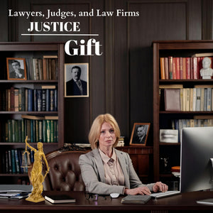 Bronze Lady Justice Themis statue in law firm office with law books and gavel display