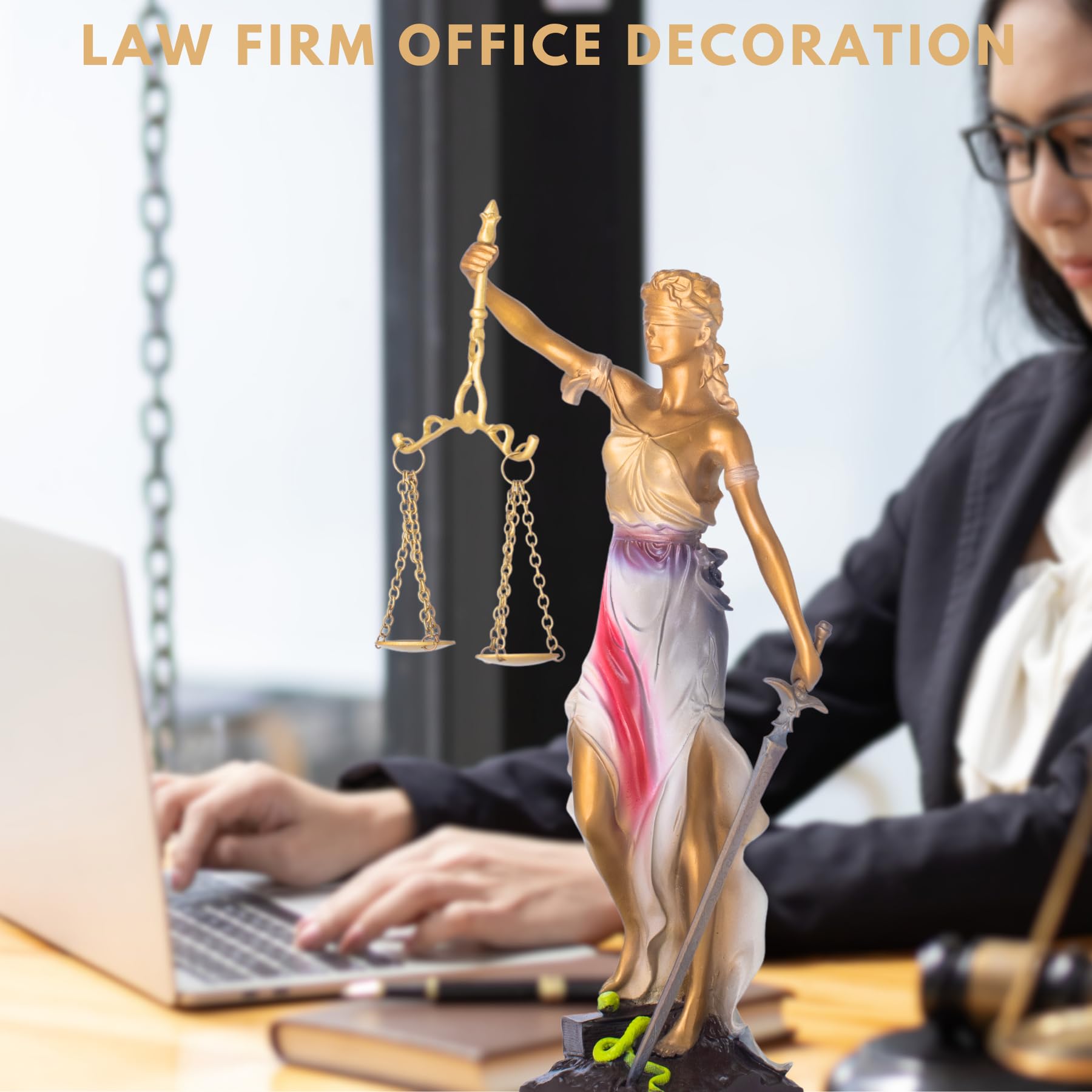 Bronze Lady Justice Themis statue in law firm office with law books and gavel display