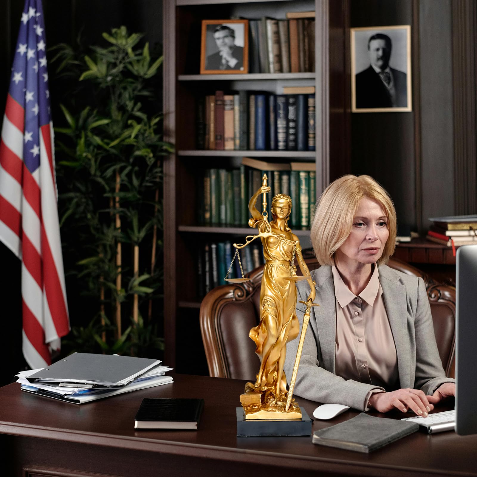 Bronze Lady Justice Themis statue in law office during female lawyer and client consultation meeting