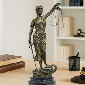 Bronze Lady Justice Themis statue displayed on modern office desk with laptop in professional setting