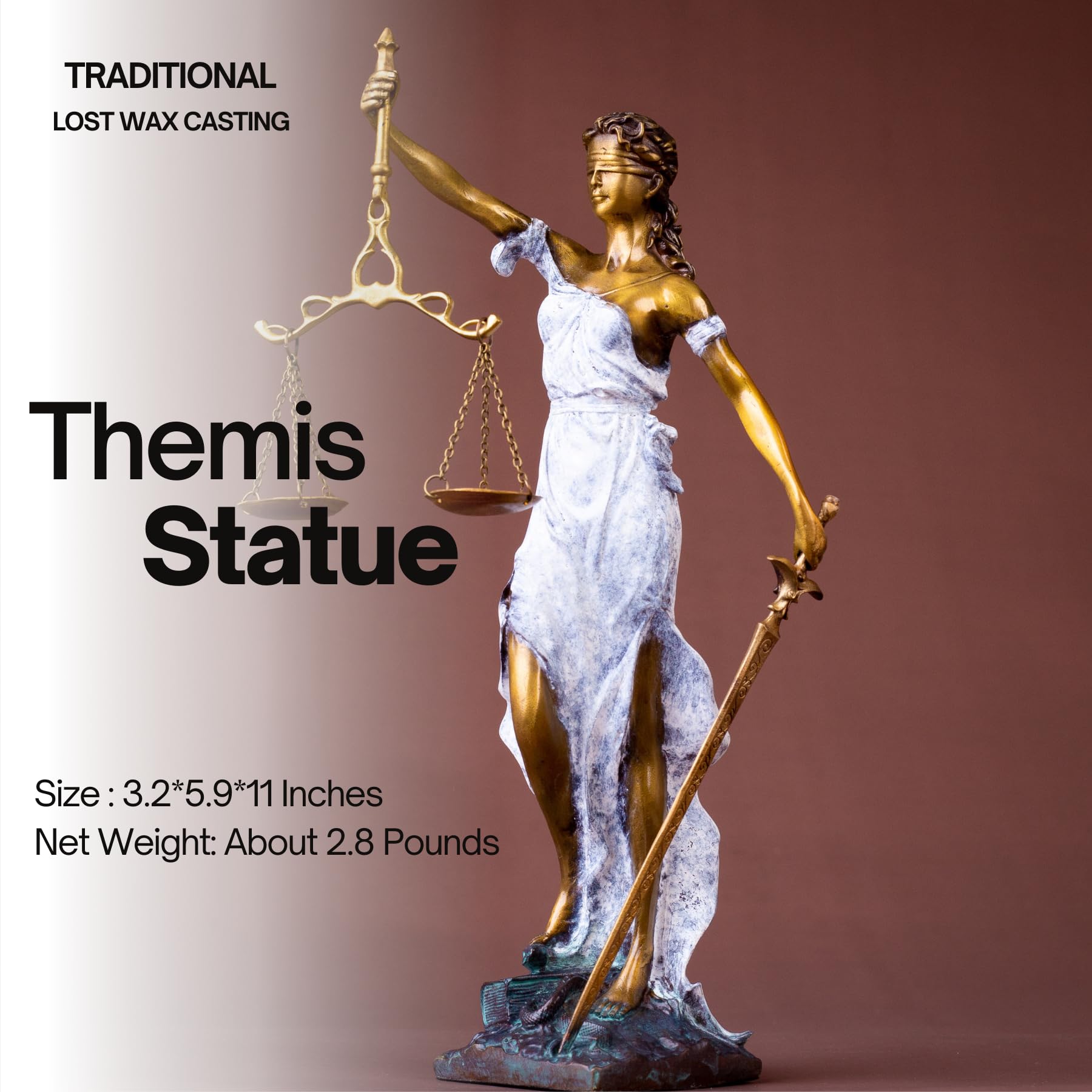 Bronze Lady Justice Themis statue product introduction showing gold finish and scale detail