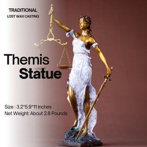 Bronze Lady Justice Themis statue product introduction showing gold finish and scale detail