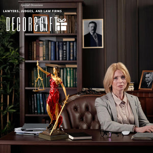 Bronze Lady Justice Themis statue displayed in law office with female attorney standing beside desk