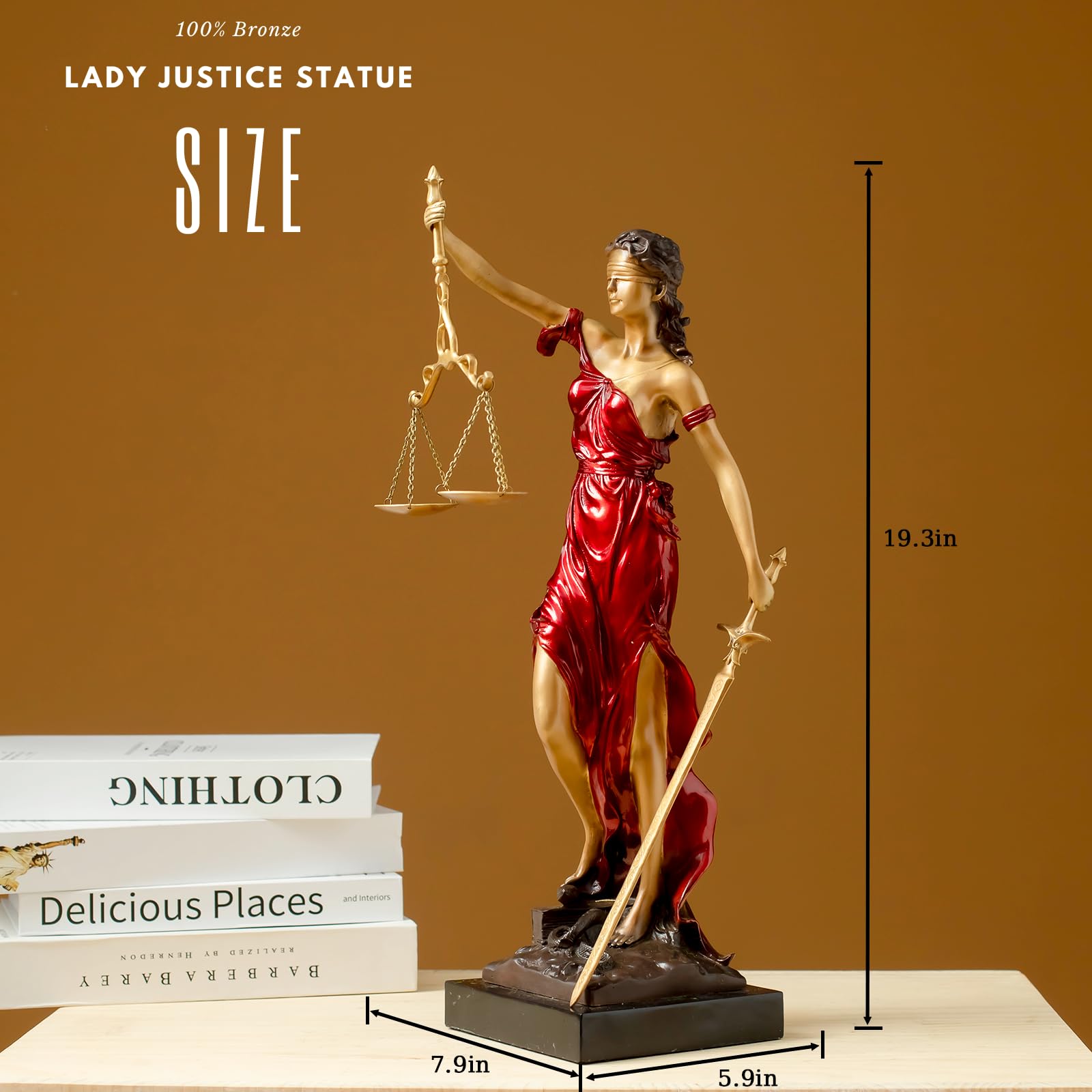 Bronze Lady Justice Themis statue size reference chart showing 19.3 inch height measurements