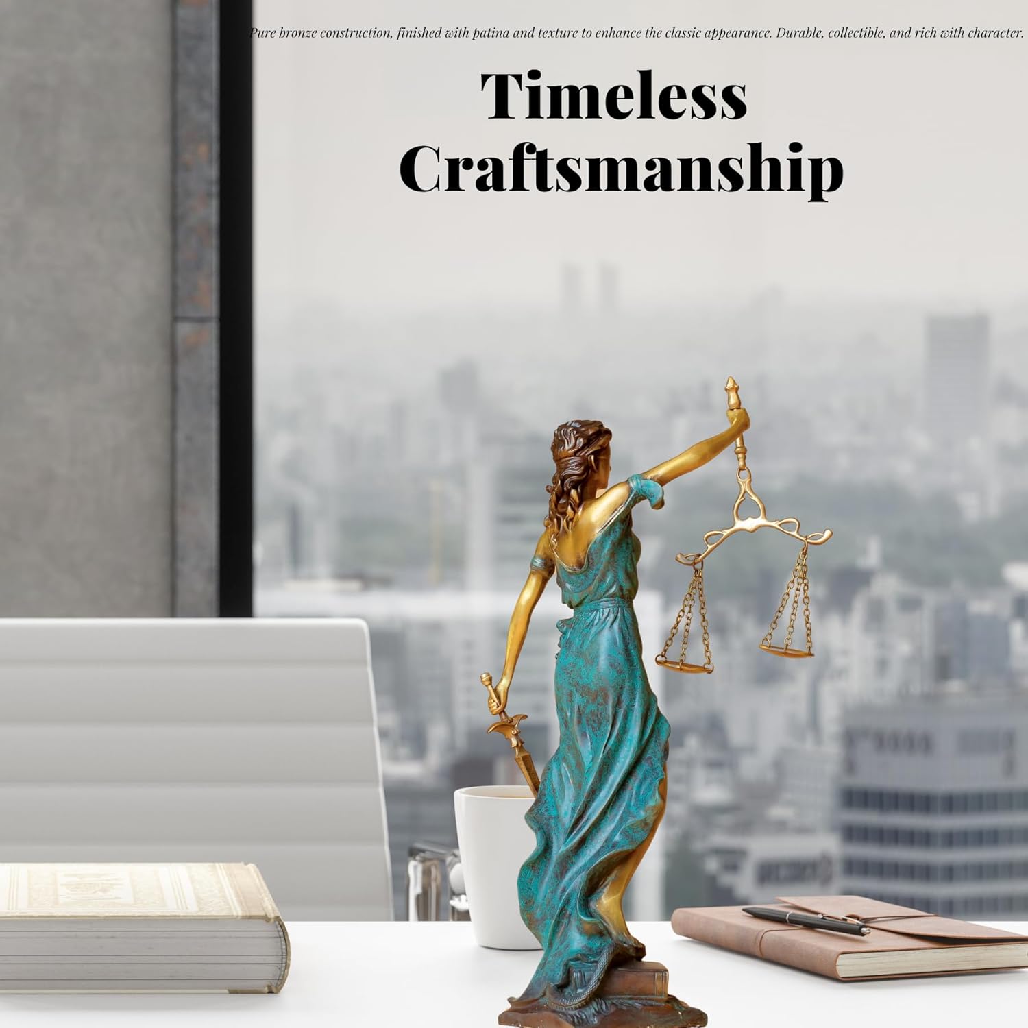 Bronze Lady Justice Themis statue showcasing timeless craftsmanship in bright indoor lifestyle setting