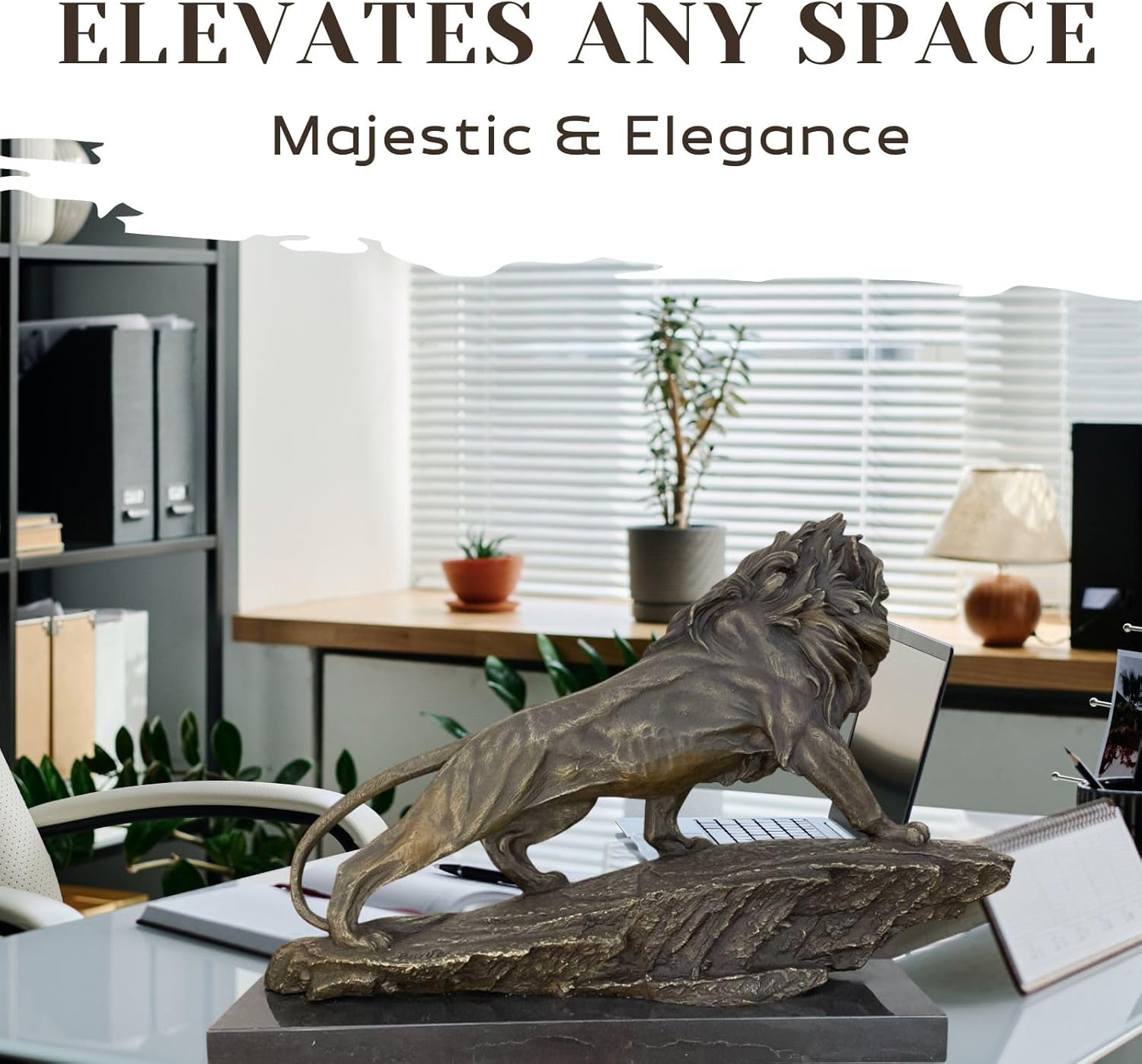Close-up of grand bronze lion King of Beasts sculpture as majestic office decoration display
